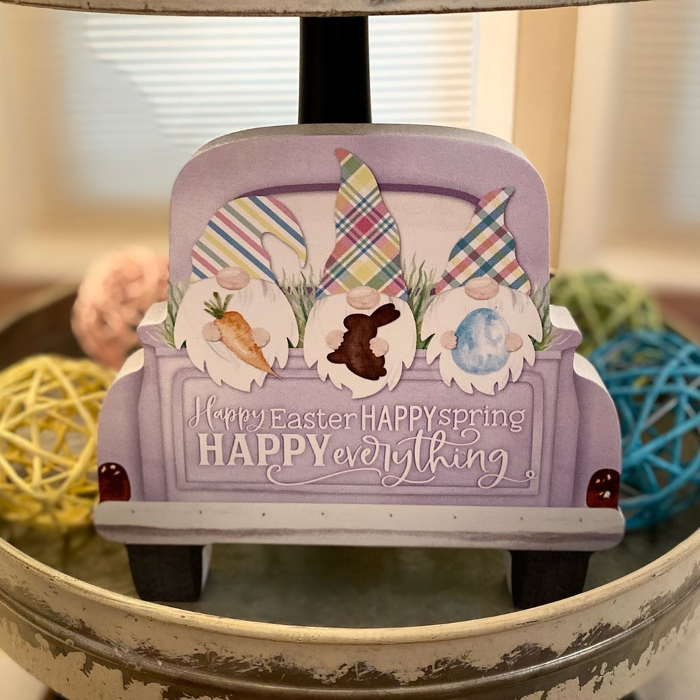 Easter Gnomes In A Purple Vintage Farmhouse Truck Happy Easter Wood Sign